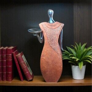 Vintage Brutalist Woman Sculpture Candle Holder 15 in Metal Mixed Media Art